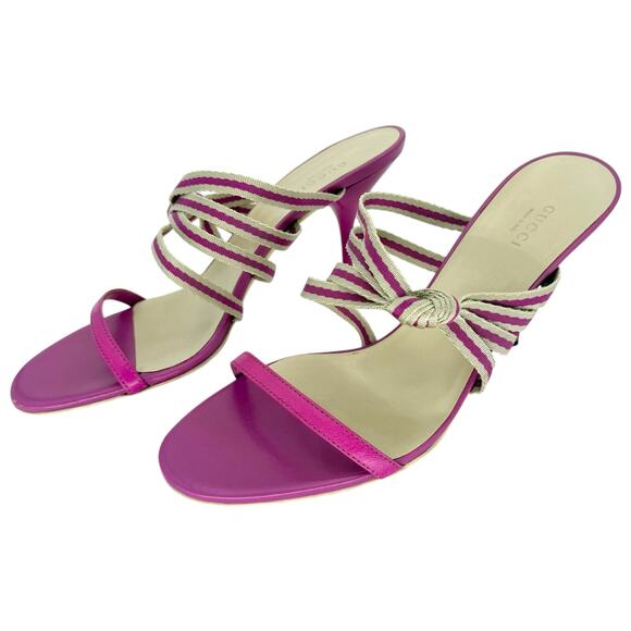 GUCCI Mirabelle Knotted Stripe Mules EU 40 US 10 Fuchsia Pink High Heels Sandals - Picture 4 of 11